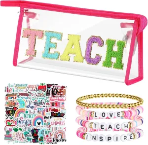 Kacctyen 62 Pcs Teacher Appreciation Gifts Set Include 1 Pcs Teach Makeup Bag, 4 Pcs Stackable Bracelets, 57 Pcs Teacher Stickers, Graduation Retirement Teacher Gifts for Women (Rose Red)