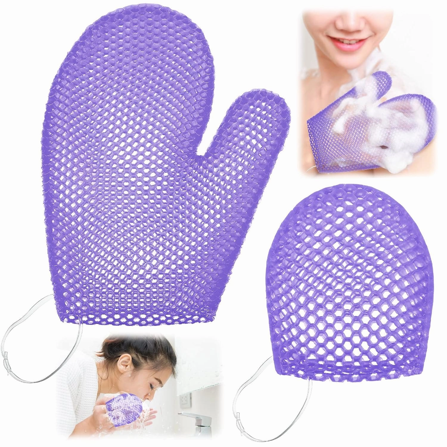 Karenhi Honeycomb Exfoliating Scrubber Set, Face and Body Scrubber Include Bath Mitt Honeycomb Exfoliating Glove for Body Shower, Face Exfoliator Sponge, Quick Drying(Purple)
