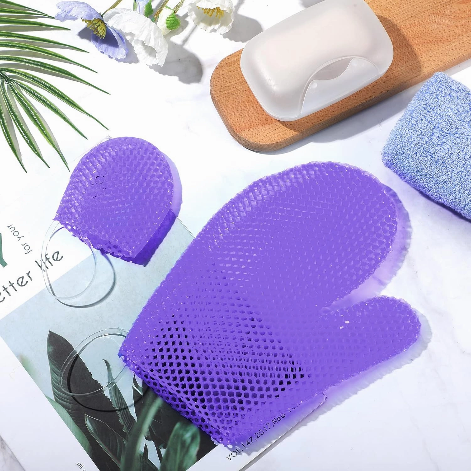 Karenhi Honeycomb Exfoliating Scrubber Set, Face and Body Scrubber Include Bath Mitt Honeycomb Exfoliating Glove for Body Shower, Face Exfoliator Sponge, Quick Drying(Purple)