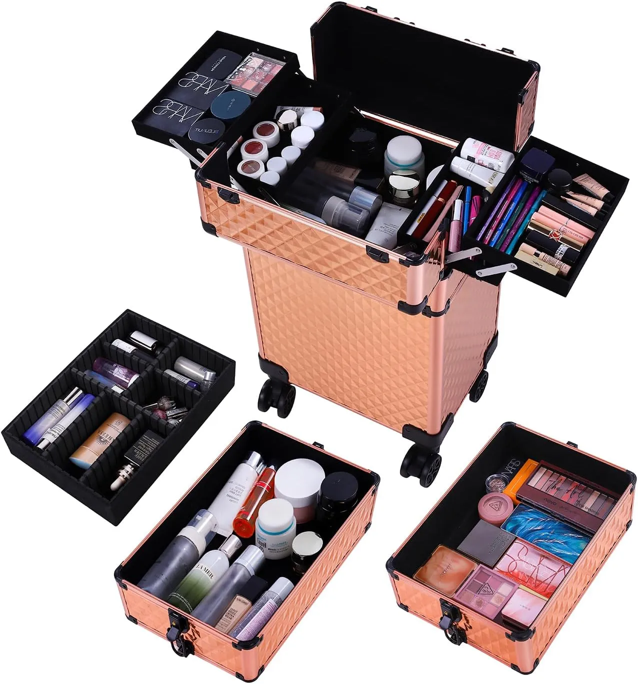 Karl home 4 in 1 Makeup Train Case Rolling Cosmetic Trolley Large Capacity Travel Organizer with Key 360°Swivel Wheels Suitcase for Beauticians Hairstylists Nail Tech Students, Rose Gold