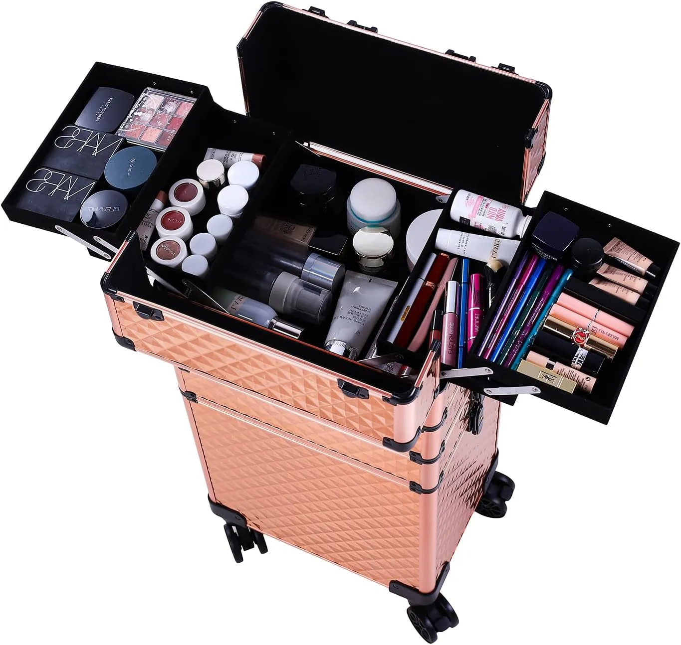 Karl home 4 in 1 Makeup Train Case Rolling Cosmetic Trolley Large Capacity Travel Organizer with Key 360°Swivel Wheels Suitcase for Beauticians Hairstylists Nail Tech Students, Rose Gold