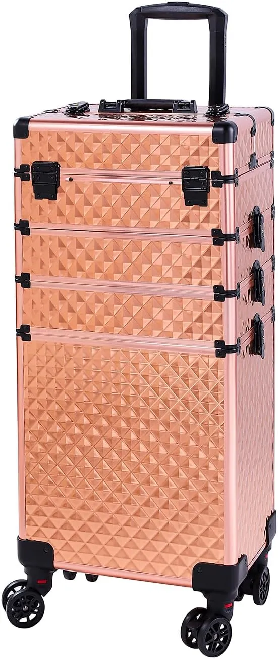 Karl home 4 in 1 Makeup Train Case Rolling Cosmetic Trolley Large Capacity Travel Organizer with Key 360°Swivel Wheels Suitcase for Beauticians Hairstylists Nail Tech Students, Rose Gold