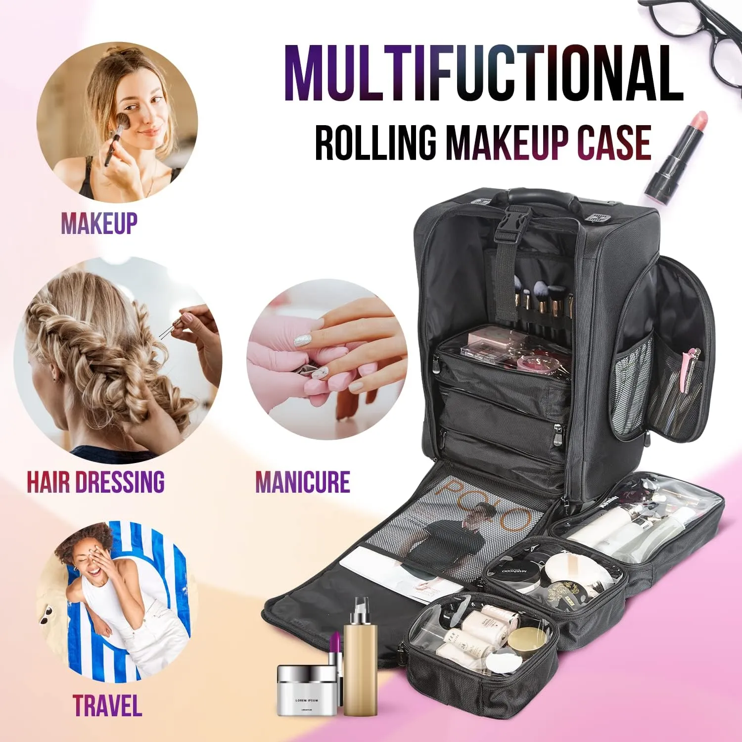 Kemier Portable Cosmetic Organizer,Soft-Sided Nylon Rolling Makeup Case with Pouches,Black