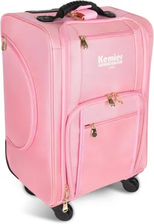 Kemier Professional Rolling Makeup Case - Train Case Makeup Travel Portable Artist Cosmetic Trolley Case Soft Side Nylon Organizer Storage bag with Wheels for Cosmetology Nail Hairstylist MUA Pink