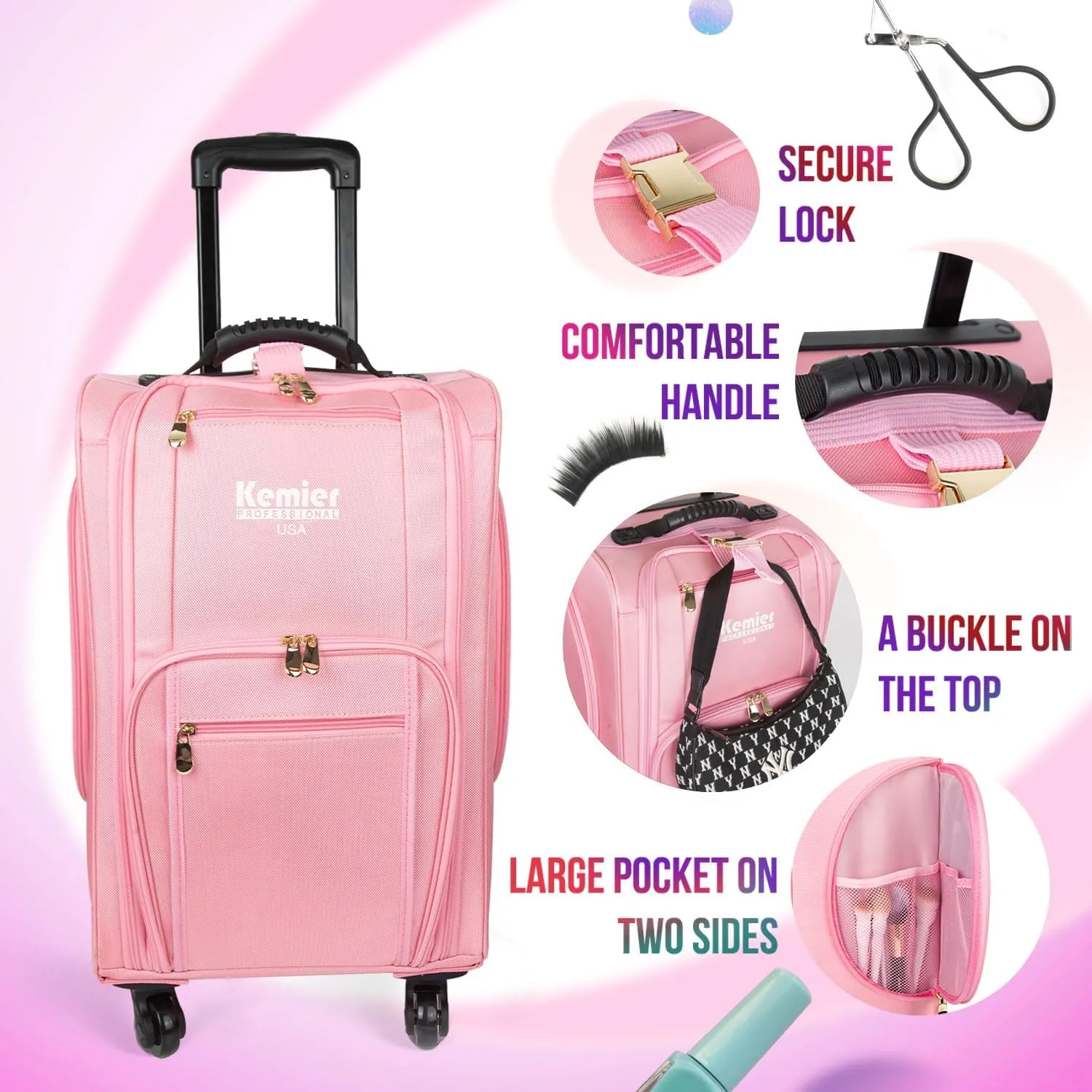 Kemier Professional Rolling Makeup Case - Train Case Makeup Travel Portable Artist Cosmetic Trolley Case Soft Side Nylon Organizer Storage bag with Wheels for Cosmetology Nail Hairstylist MUA Pink