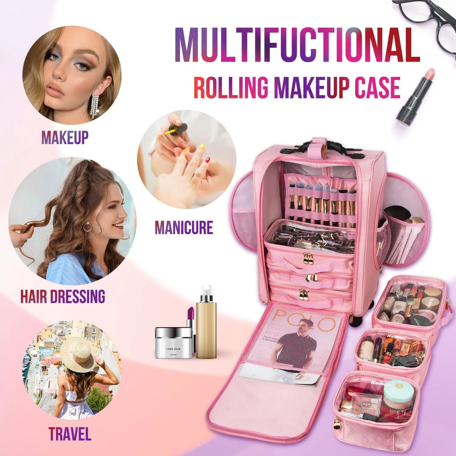Kemier Professional Rolling Makeup Case - Train Case Makeup Travel Portable Artist Cosmetic Trolley Case Soft Side Nylon Organizer Storage bag with Wheels for Cosmetology Nail Hairstylist MUA Pink