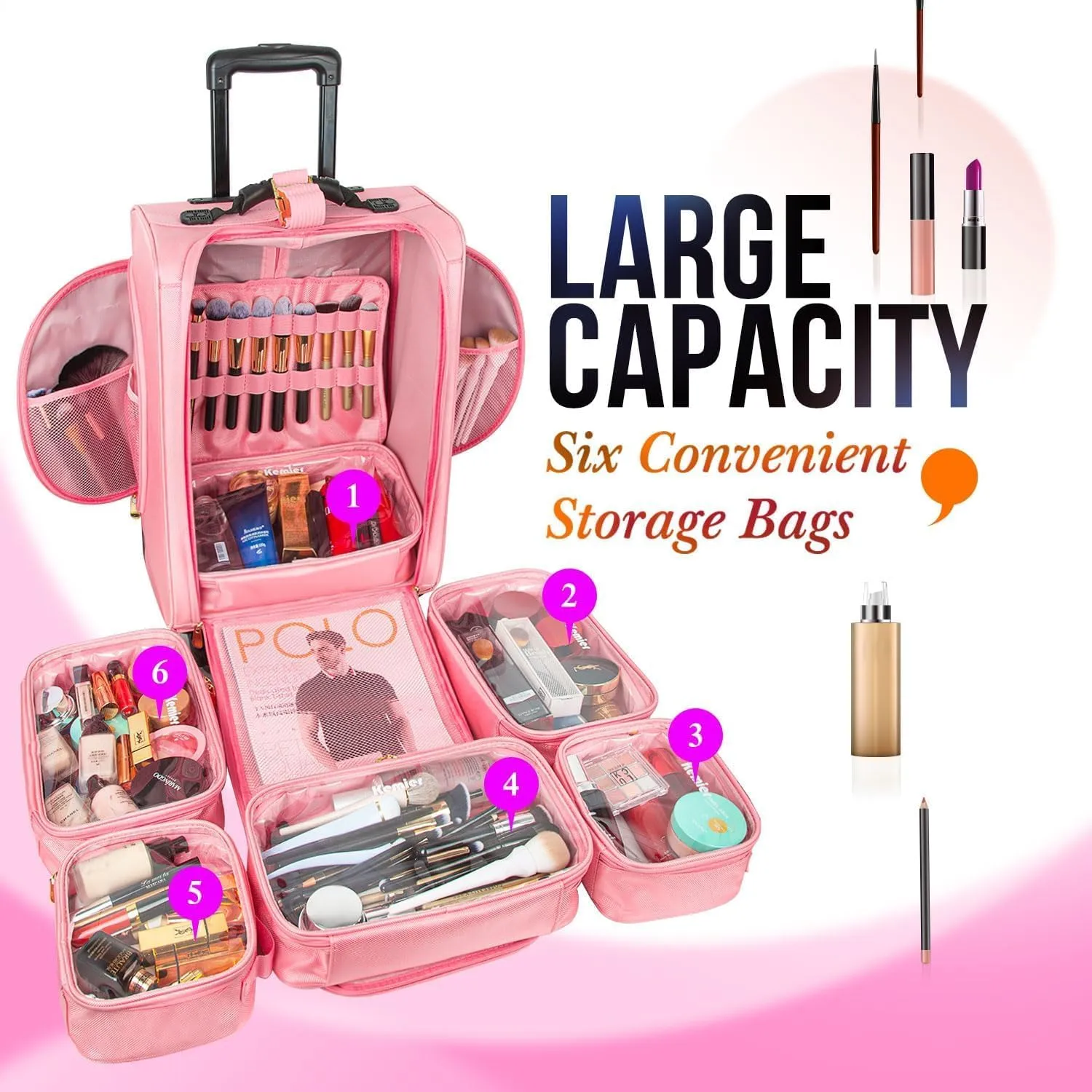 Kemier Professional Rolling Makeup Case - Train Case Makeup Travel Portable Artist Cosmetic Trolley Case Soft Side Nylon Organizer Storage bag with Wheels for Cosmetology Nail Hairstylist MUA Pink