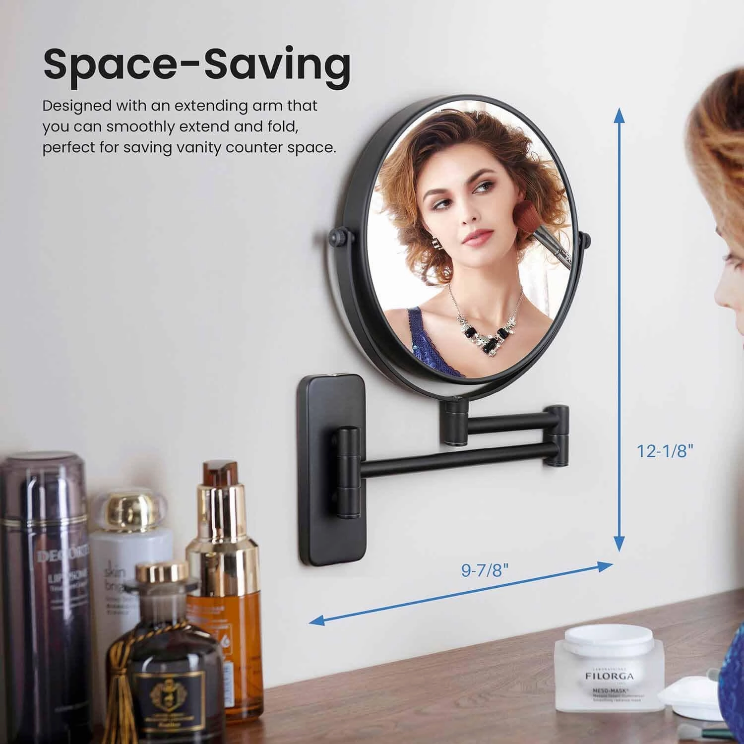 KIBI Circular Wall Mount Makeup Mirror, Dual-Sided 1x/5x Magnifying Mirror with Extendable Arm, 360° Swivel, Solid Brass Construction for Durability and Style (Matte Black - KMM100)