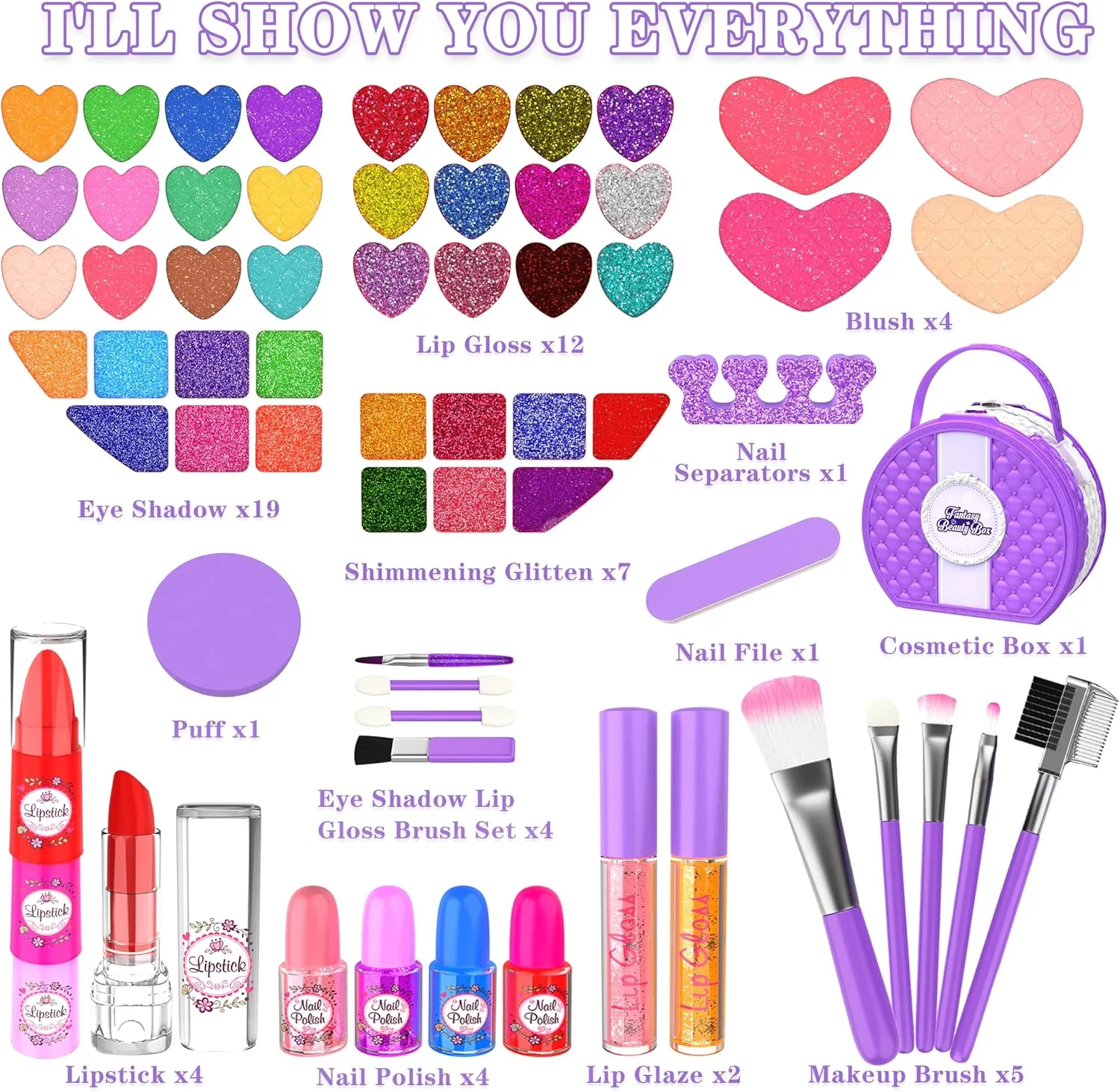 Kids Makeup Kit for Girl, 66 Pcs Washable Makeup Set for Little Girls, Real Cosmetic Set Pretend Play Makeup Toy Beauty Set Christmas & Birthday Gift Age 3 4 5 6 7 8 9  Year Old Kids Toddler Toys
