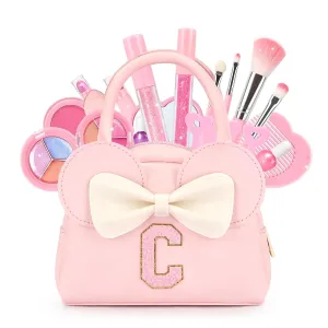 Kids Real Makeup Kit for Girls - 18Pcs Non-Toxic Washable Make Up Toys with Initial Toddler Purse - Personalized Birthday Gifts for Age 3 4 5 6 7 8 9 10 Years Old Girls Vanity Set - C
