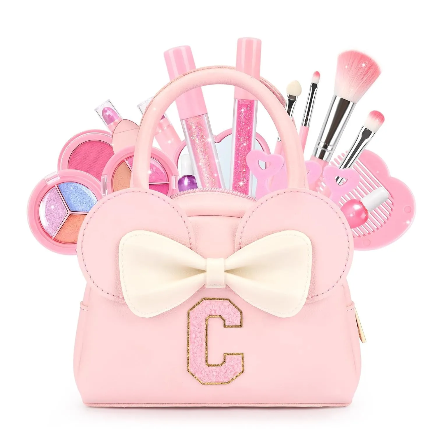 Kids Real Makeup Kit for Girls - 18Pcs Non-Toxic Washable Make Up Toys with Initial Toddler Purse - Personalized Birthday Gifts for Age 3 4 5 6 7 8 9 10 Years Old Girls Vanity Set - C