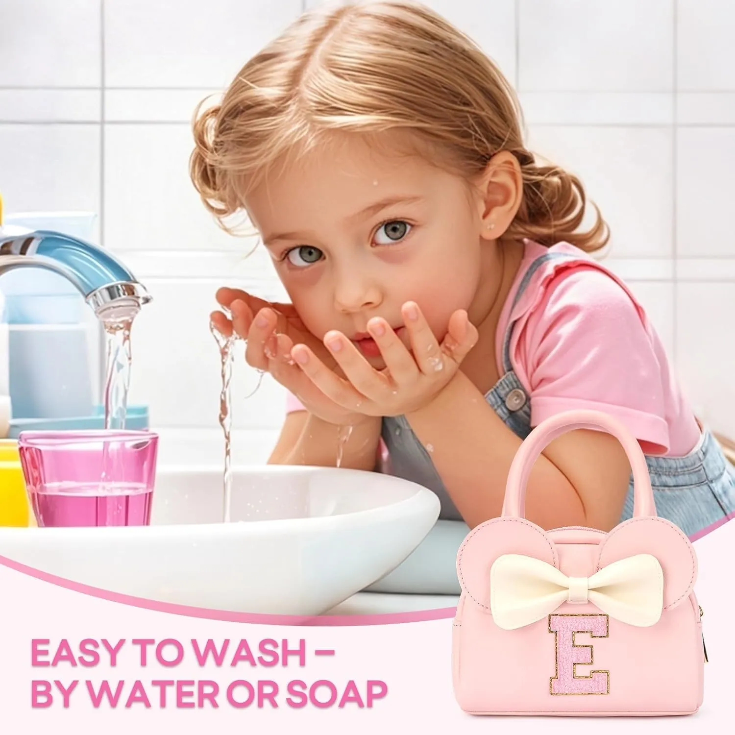 Kids Real Makeup Kit for Girls - 18Pcs Non-Toxic Washable Make Up Toys with Initial Toddler Purse - Personalized Birthday Gifts for Age 3 4 5 6 7 8 9 10 Years Old Girls Vanity Set - E