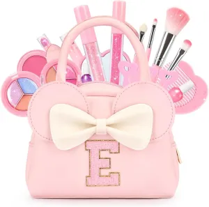 Kids Real Makeup Kit for Girls - 18Pcs Non-Toxic Washable Make Up Toys with Initial Toddler Purse - Personalized Birthday Gifts for Age 3 4 5 6 7 8 9 10 Years Old Girls Vanity Set - E