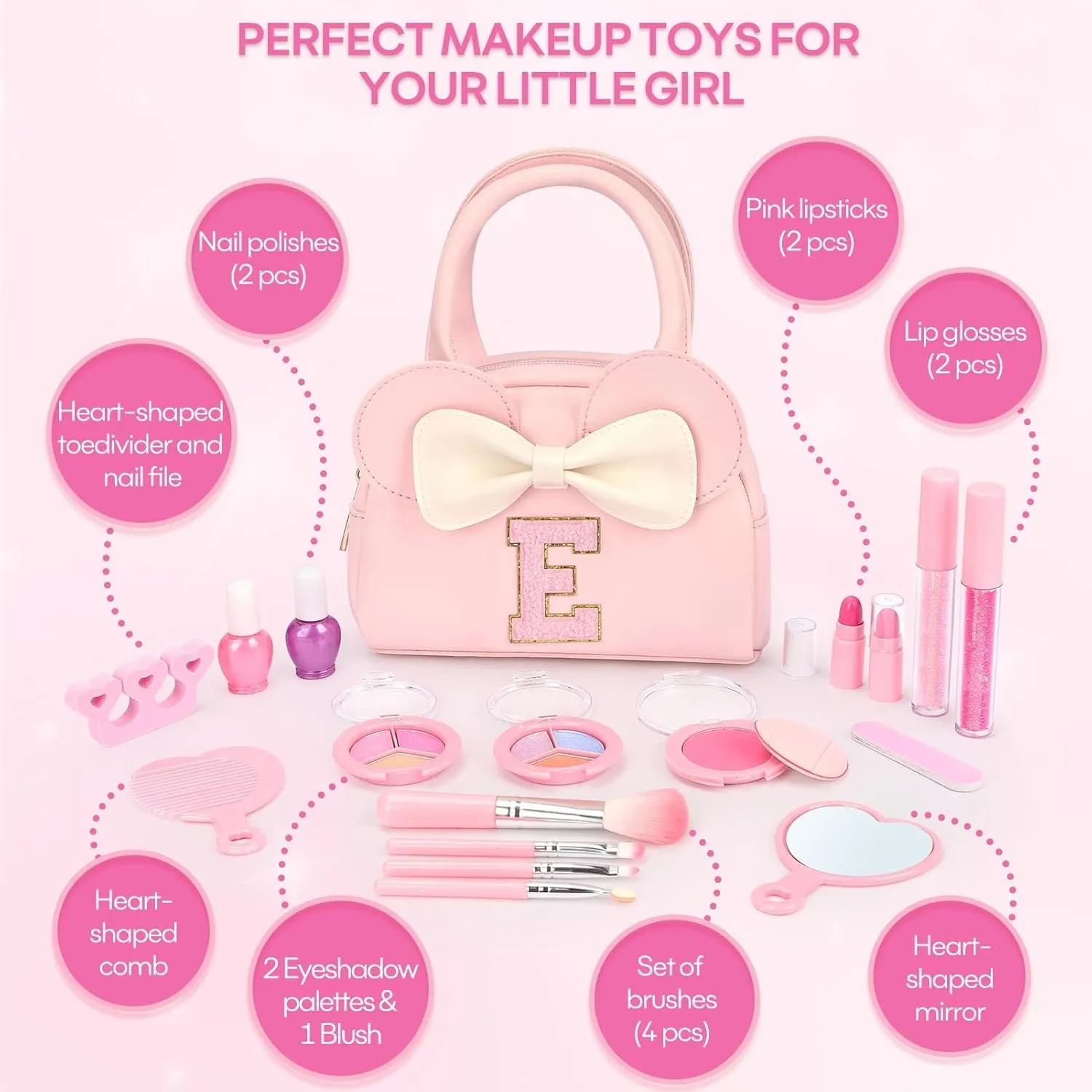 Kids Real Makeup Kit for Girls - 18Pcs Non-Toxic Washable Make Up Toys with Initial Toddler Purse - Personalized Birthday Gifts for Age 3 4 5 6 7 8 9 10 Years Old Girls Vanity Set - E