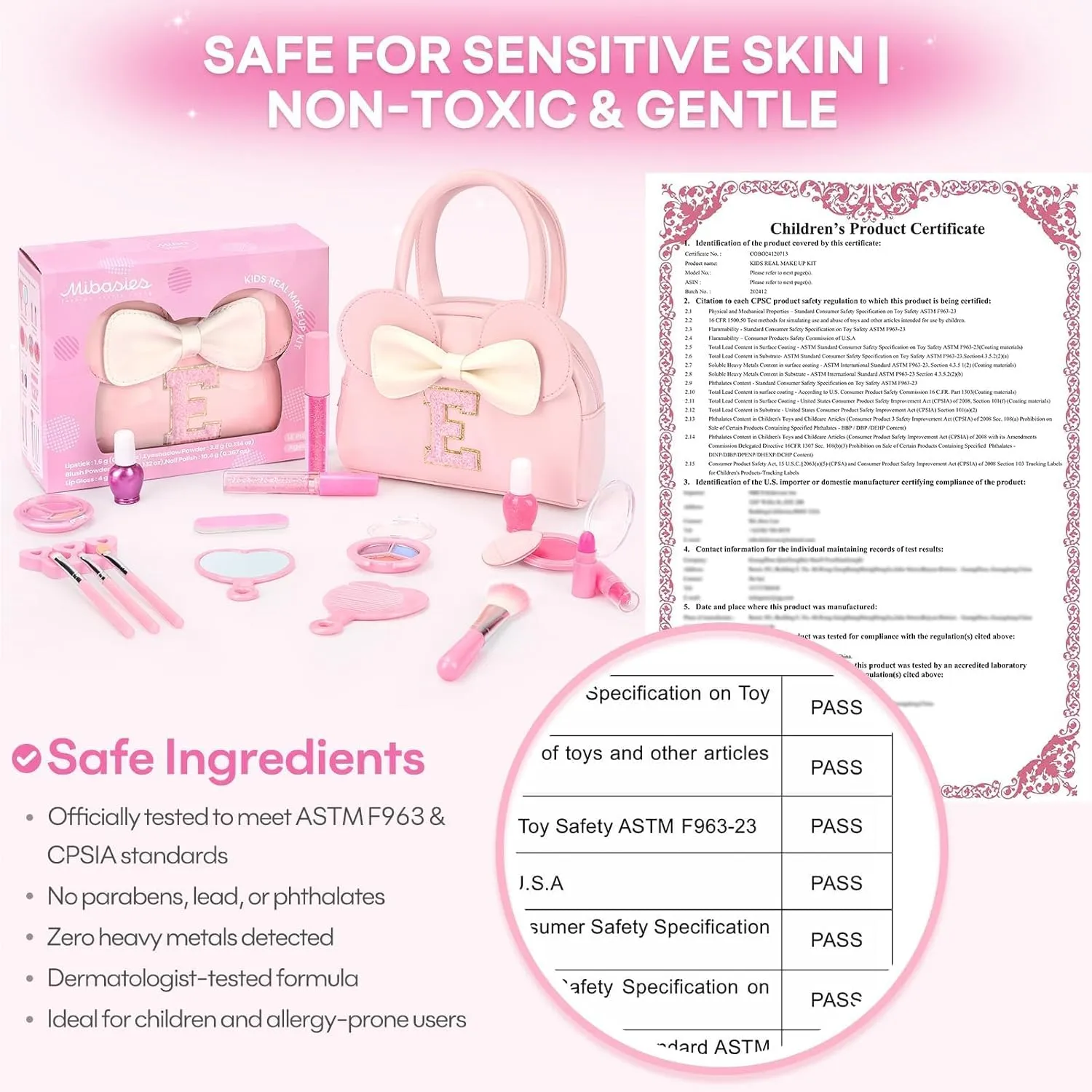 Kids Real Makeup Kit for Girls - 18Pcs Non-Toxic Washable Make Up Toys with Initial Toddler Purse - Personalized Birthday Gifts for Age 3 4 5 6 7 8 9 10 Years Old Girls Vanity Set - E