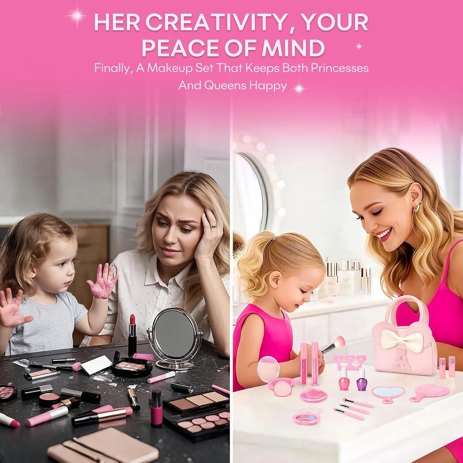 Kids Real Makeup Kit for Girls - 18Pcs Non-Toxic Washable Make Up Toys with Initial Toddler Purse - Personalized Birthday Gifts for Age 3 4 5 6 7 8 9 10 Years Old Girls Vanity Set - E