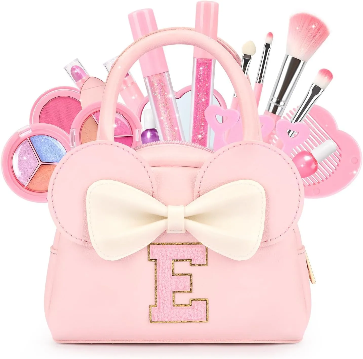 Kids Real Makeup Kit for Girls - 18Pcs Non-Toxic Washable Make Up Toys with Initial Toddler Purse - Personalized Birthday Gifts for Age 3 4 5 6 7 8 9 10 Years Old Girls Vanity Set - E