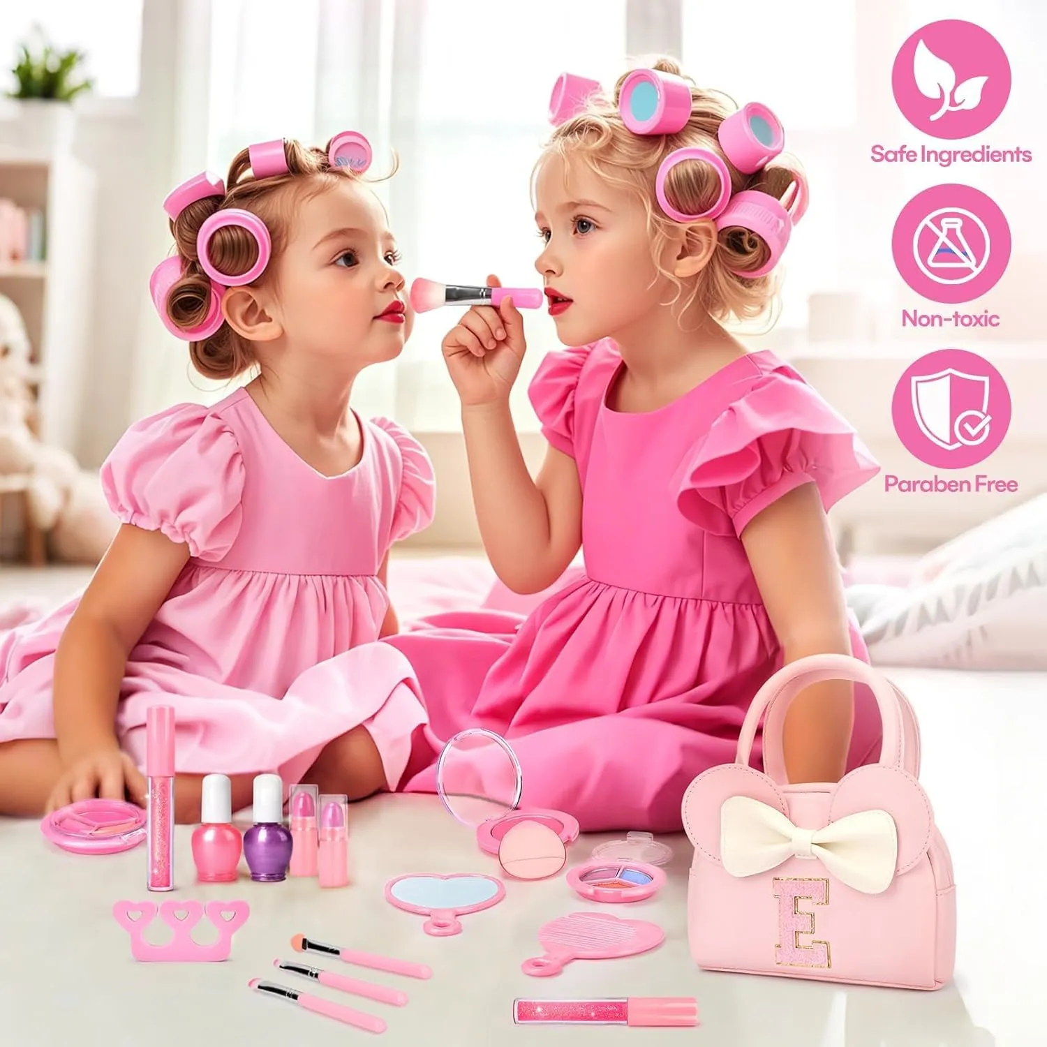 Kids Real Makeup Kit for Girls - 18Pcs Non-Toxic Washable Make Up Toys with Initial Toddler Purse - Personalized Birthday Gifts for Age 3 4 5 6 7 8 9 10 Years Old Girls Vanity Set - E