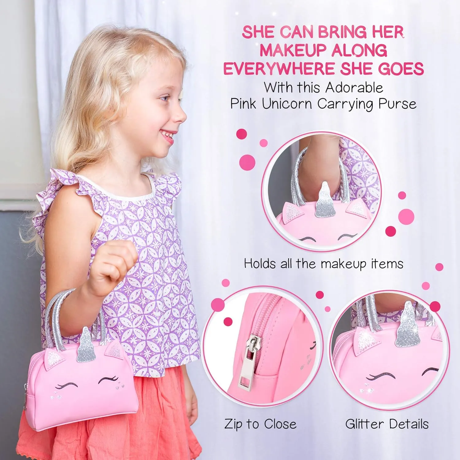 Kids Real Makeup Kit for Girls with Pink Unicorn Purse, Non Toxic Washable Make Up Toy - Easter Basket Stuffers for Toddler & Gifts for Girl Ages 3 4 5 6 7 8 9 10 Years Old - Pretend Play Vanity Set