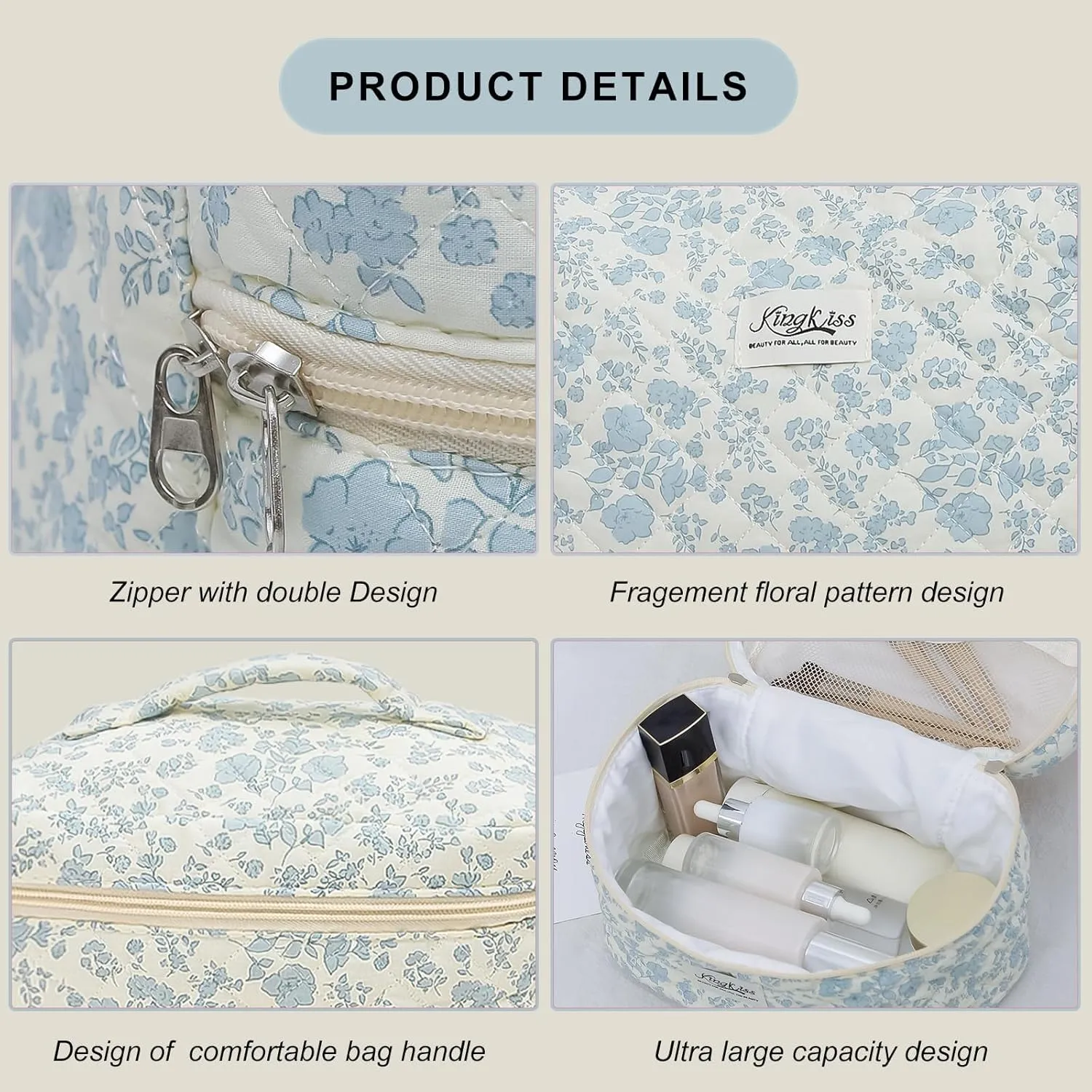 kingkiss Makeup Bag, Quilted Cosmetic Bag, Large Capacity Make Up Bag for Women, Cute Floral Storage Toiletry Bag Travel Storage Makeup Bag (Blue Flower)