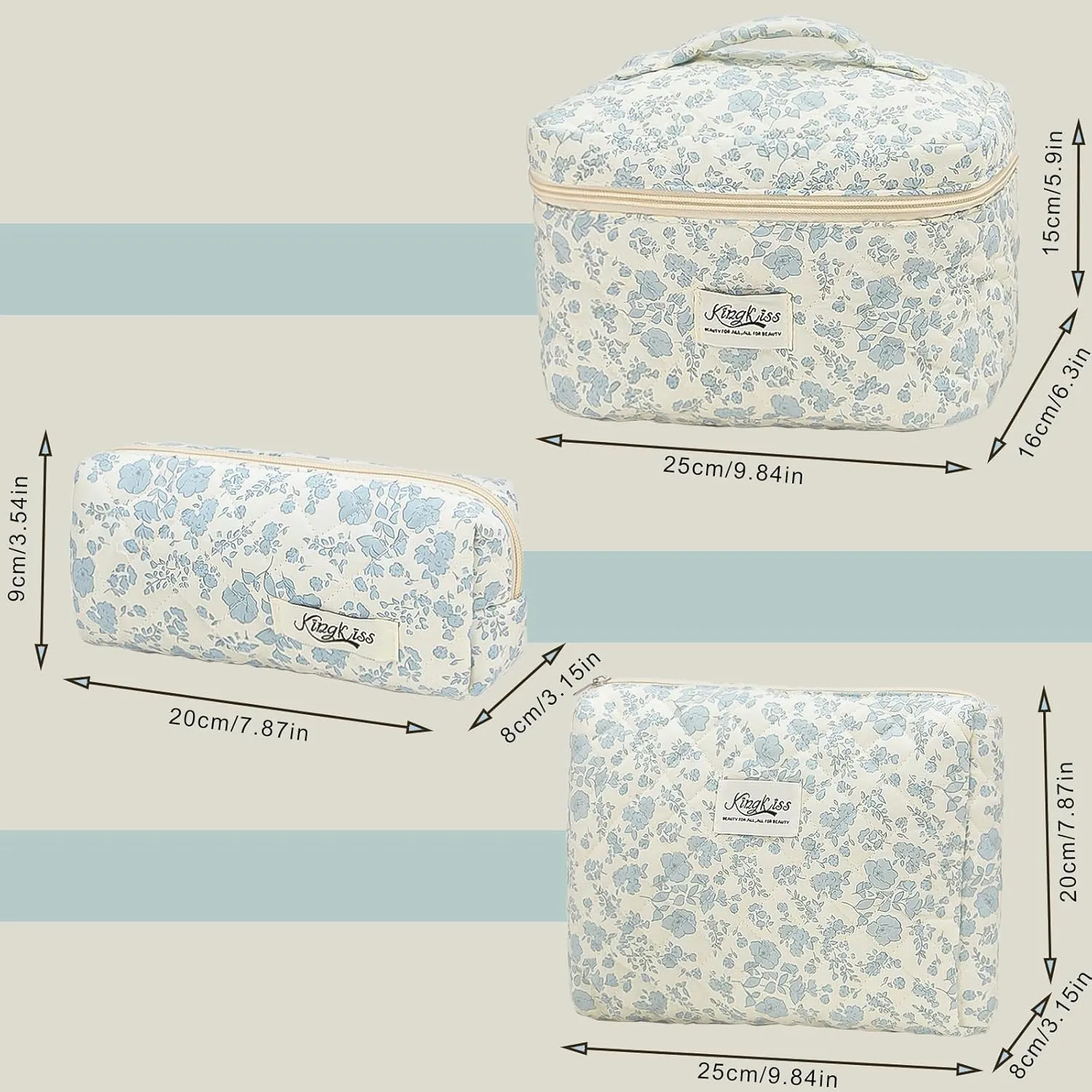 kingkiss Makeup Bag, Quilted Cosmetic Bag, Large Capacity Make Up Bag for Women, Cute Floral Storage Toiletry Bag Travel Storage Makeup Bag (Blue Flower)