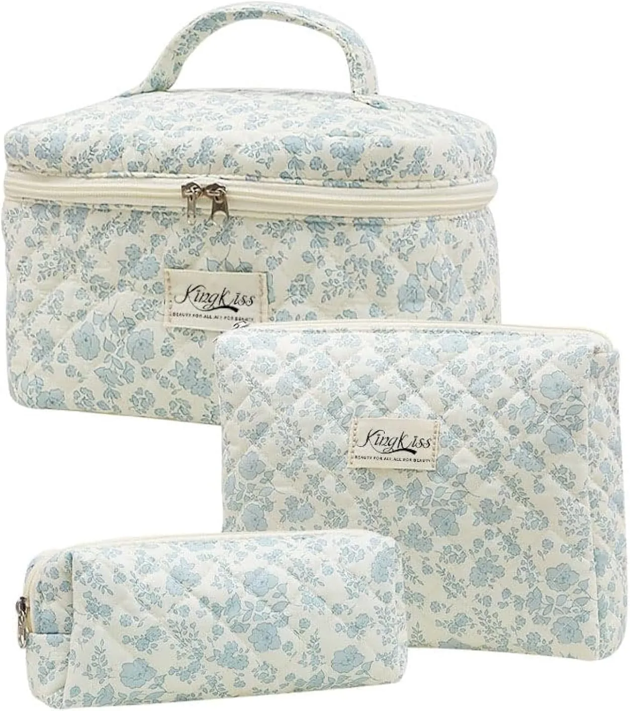 kingkiss Makeup Bag, Quilted Cosmetic Bag, Large Capacity Make Up Bag for Women, Cute Floral Storage Toiletry Bag Travel Storage Makeup Bag (Blue Flower)
