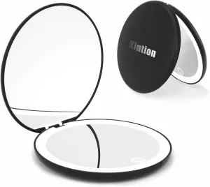 Kintion Travel Mirror with Light, 1X/10X Magnification Compact Mirror, 4" Rechargeable LED Purse Mirror, Dimmable 3 Color Temperature, Portable Lighted Pocket Mirror, Black