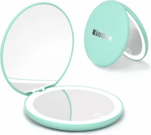 Kintion Travel Mirror with Light, 1X/10X Magnification Compact Mirror, 4" Rechargeable LED Purse Mirror, Dimmable 3 Color Temperature, Portable Lighted Pocket Mirror, Cyan