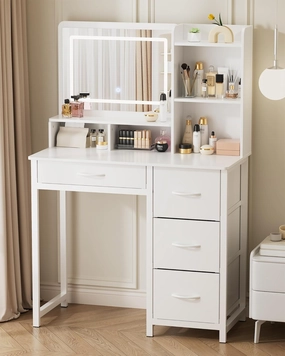 Kitsure Vanity Desk with Mirror and Lights - Large Capacity Makeup Vanity with 4 Fabric Storage Drawers & 3 Lighting Modes, Vanity Table Set with Sturdy Metal Frame for Bedroom, White, 35" x 17" x 52"