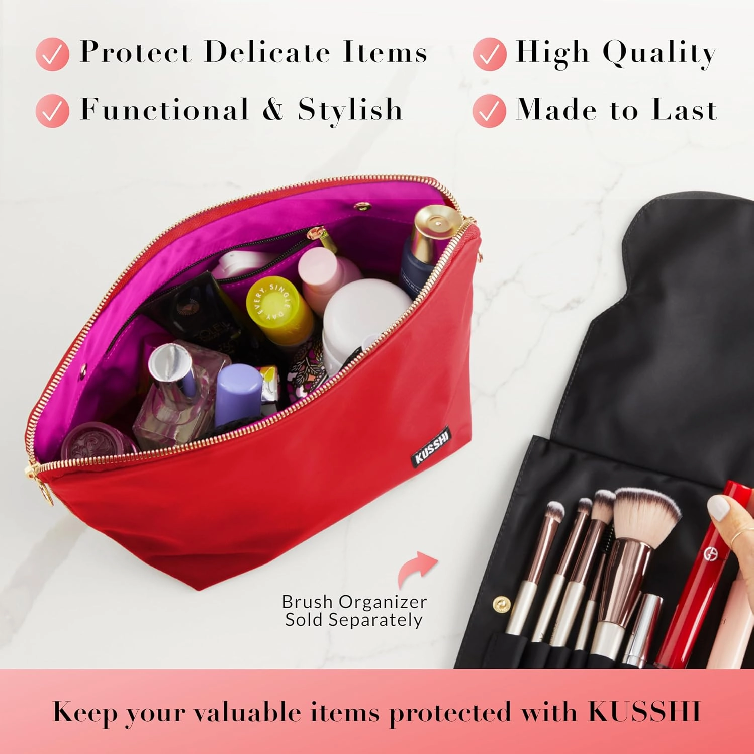 KUSSHI Washable Travel Makeup & Cosmetic Bag - Brush Organizer Sold Separately (Signature, Candy Apple Red/Pink)