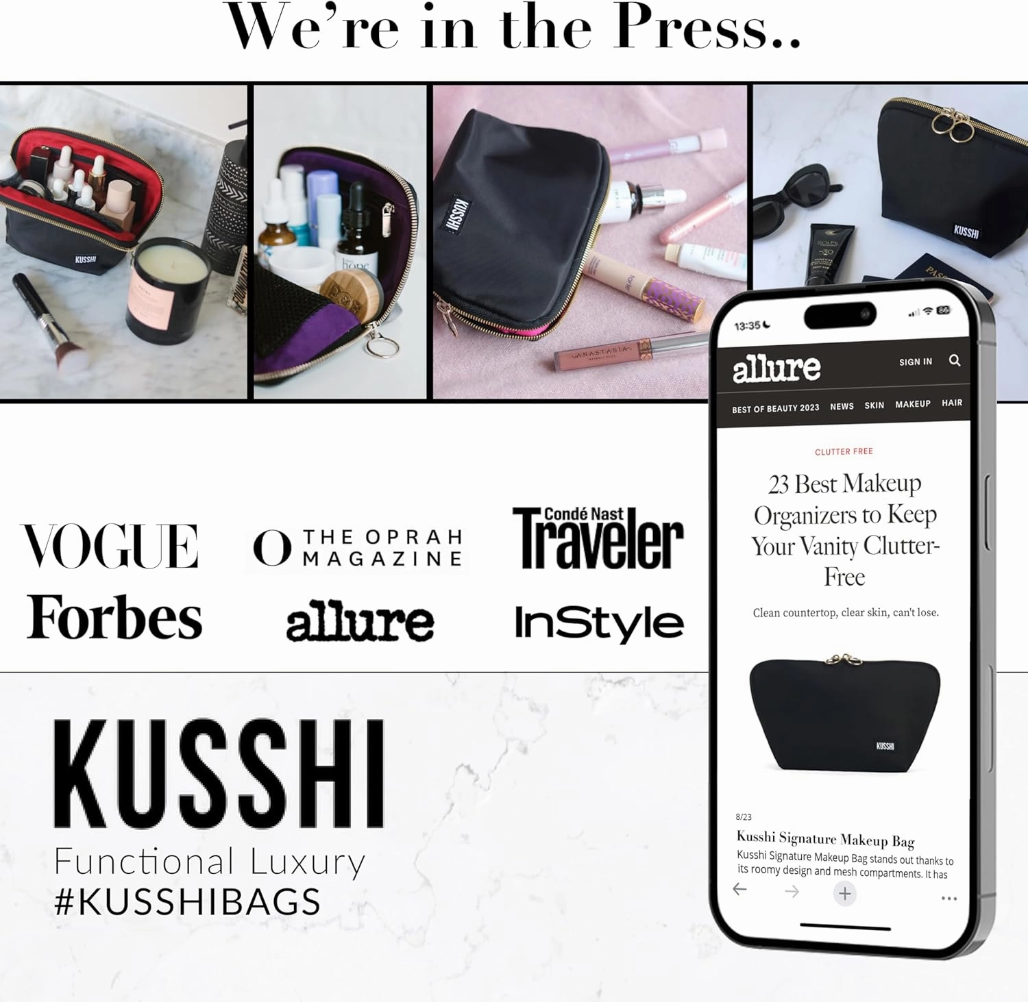 KUSSHI Washable Travel Makeup & Cosmetic Bag - Brush Organizer Sold Separately (Signature, Candy Apple Red/Pink)