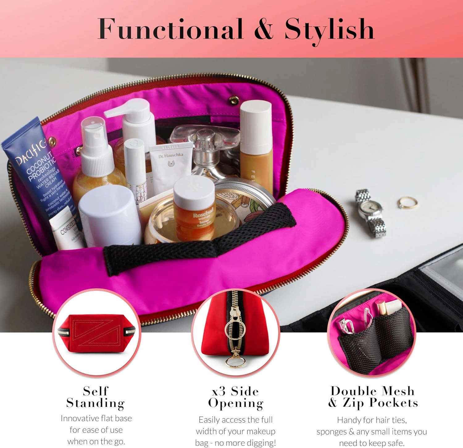 KUSSHI Washable Travel Makeup & Cosmetic Bag - Brush Organizer Sold Separately (Signature, Candy Apple Red/Pink)