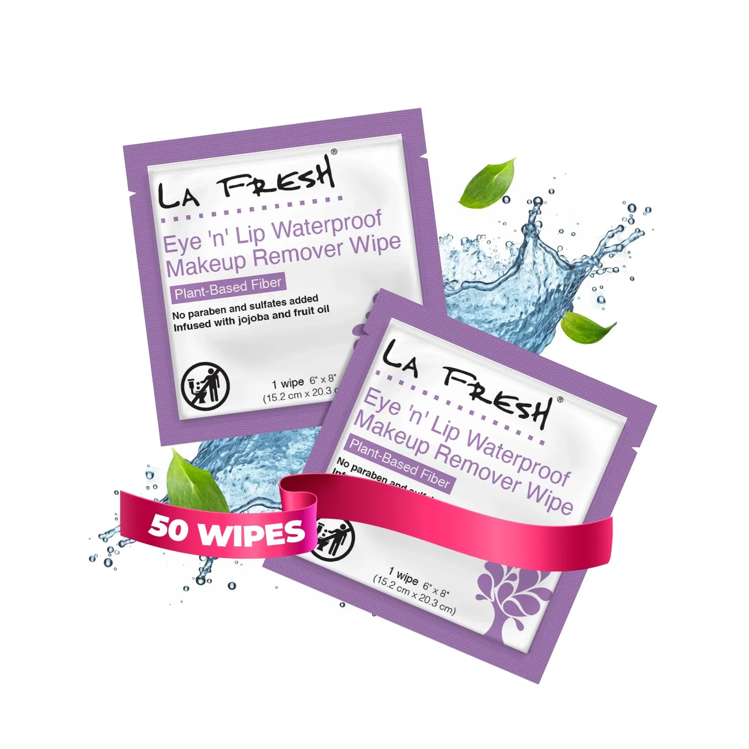 LA Fresh Eye and Lip Waterproof Makeup Remover Wipes Pack of 50 Individually Wrapped Wipes Made With Vitamin E, Olive Oil Convenient Size For Purse, Gym Bag, Car, Anywhere On The Go
