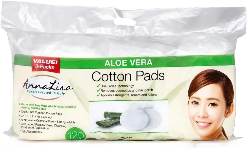 Large 100% Pure Combed Cotton Aloe Vera Pads for Makeup/Nail Polish Removal |120-Piece Italian Ovals Facial Cleansing | 3 Packs of 40 Hypoallergenic & Absorbing Cotton Ovals