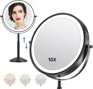 Large 9in Professional Lighted Makeup Mirror Height Adjustable, Rechargeable 2-sided 1x/10x HD Brighter Light Mirror - 88 Surgical-grade LEDs, 3 Colors & Brightness Adjustable, 360° Swivel (Black)