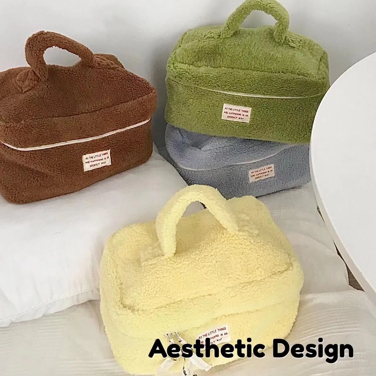 Large Capacity Fuzzy Makeup Bag Soft Plush Preppy Travel Cosmetic Bag Toiletry Bag Makeup Pouch for Teens Women Girls