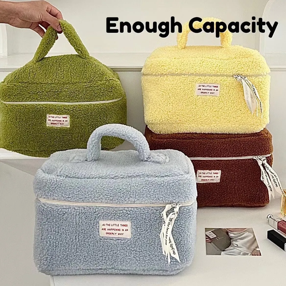 Large Capacity Fuzzy Makeup Bag Soft Plush Preppy Travel Cosmetic Bag Toiletry Bag Makeup Pouch for Teens Women Girls