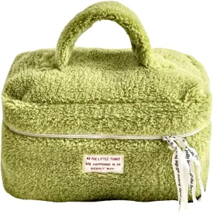 Large Capacity Fuzzy Makeup Bag Soft Plush Preppy Travel Cosmetic Bag Toiletry Bag Makeup Pouch for Teens Women Girls
