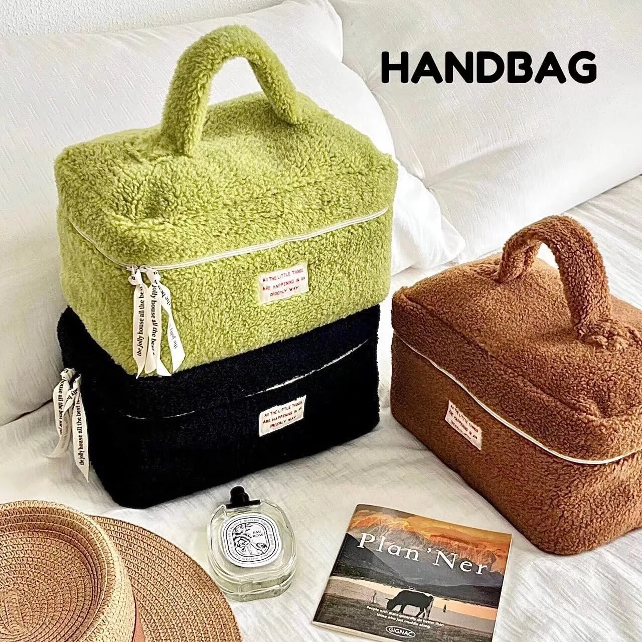 Large Capacity Fuzzy Makeup Bag Soft Plush Preppy Travel Cosmetic Bag Toiletry Bag Makeup Pouch for Teens Women Girls