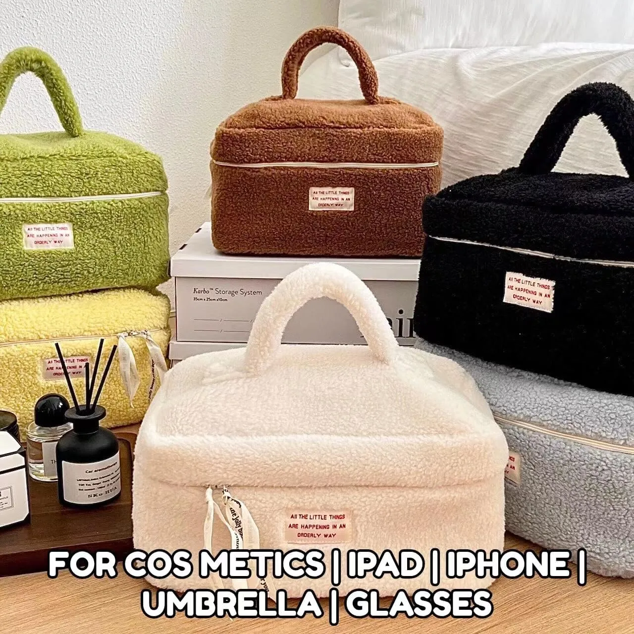 Large Capacity Fuzzy Makeup Bag Soft Plush Preppy Travel Cosmetic Bag Toiletry Bag Makeup Pouch for Teens Women Girls