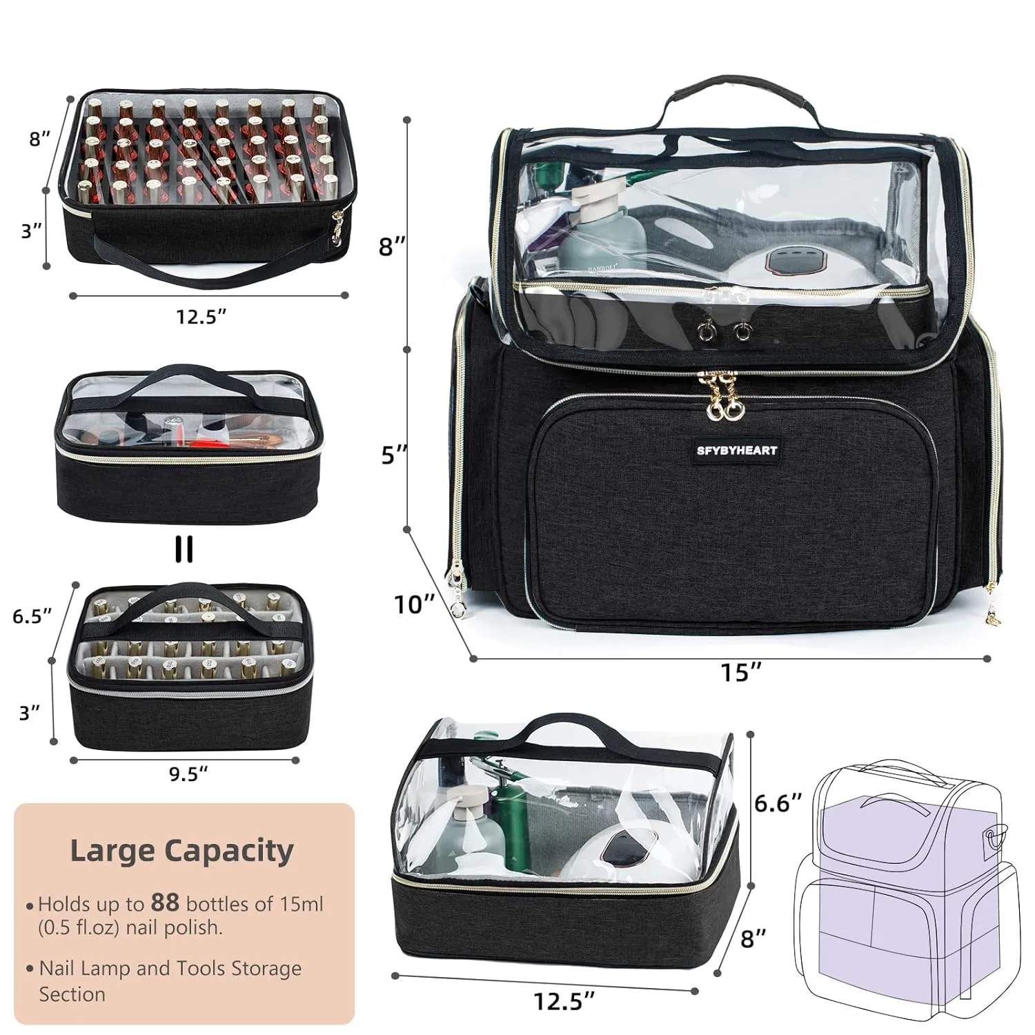 Large Travel Makeup Bag & Nail Polish Organizer Holds 80 Bottles (15ml-0.5 fl.oz), Nail Polish Storage, Cosmetic Bag with 4 Removable Cases for Nail Suppliers, Makeup, Gift for Women