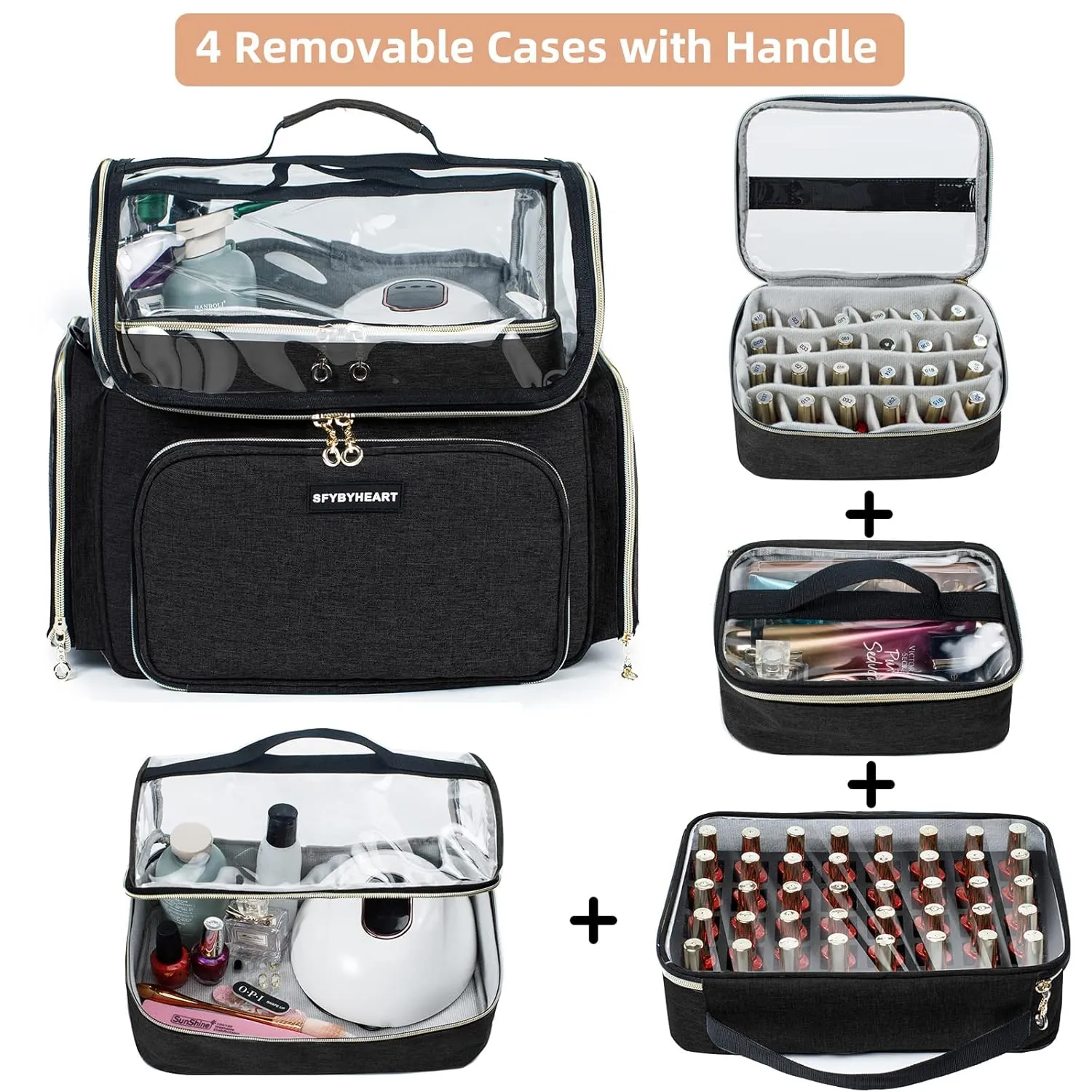 Large Travel Makeup Bag & Nail Polish Organizer Holds 80 Bottles (15ml-0.5 fl.oz), Nail Polish Storage, Cosmetic Bag with 4 Removable Cases for Nail Suppliers, Makeup, Gift for Women