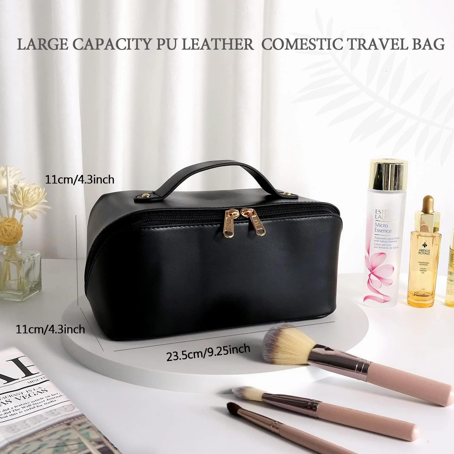 Large Capacity Cosmetic Bag, Travel Cosmetic Storage Bag with Handle, Portable Zipper Cosmetic Bag Toiletry Bag Makeup Bag Large with Compartments for Women Girls (Black)