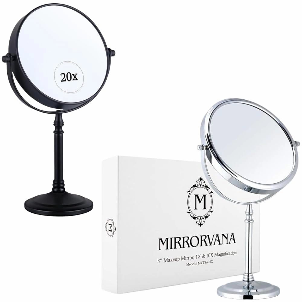 Large Double Sided 10X and 1X Magnifying Makeup Mirror with Stand in Gift Box & Double Sided 20x and 1x Magnified Makeup Mirror with Stand for Desk, Dressing Table, Bathroom Countertop Bundle