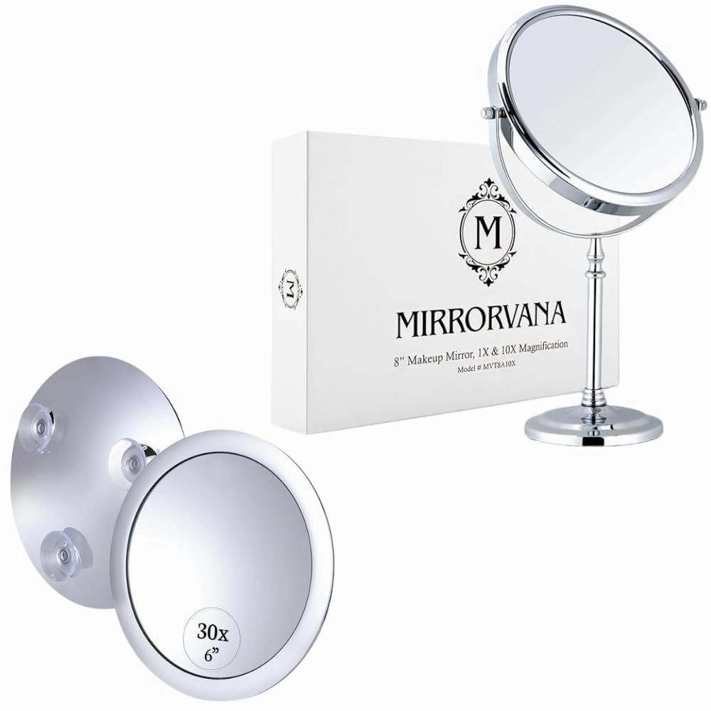 Large Double Sided 10X and 1X Magnifying Makeup Mirror with Stand in Gift Box & Mega-Powerful 30X Magnifying Makeup Mirror - Stick On, Portable Cosmetic Mirror for Precise Makeup and Grooming Bundle