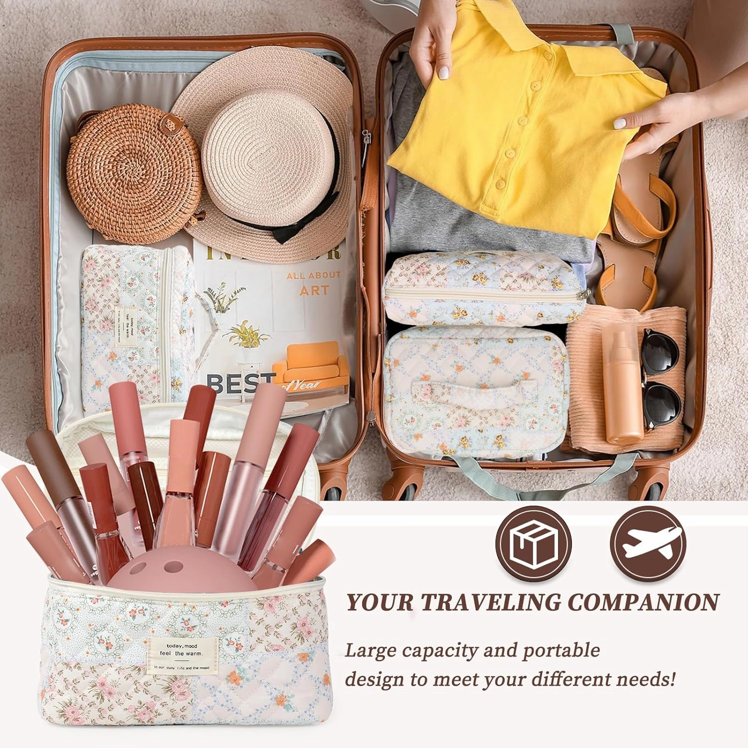 Large Quilted Makeup Bag for Women and Girls, Cute Coquette Floral Cotton Cosmetic Bag, Aesthetic Travel Organized Toiletry Bags (04-pink blue flower)