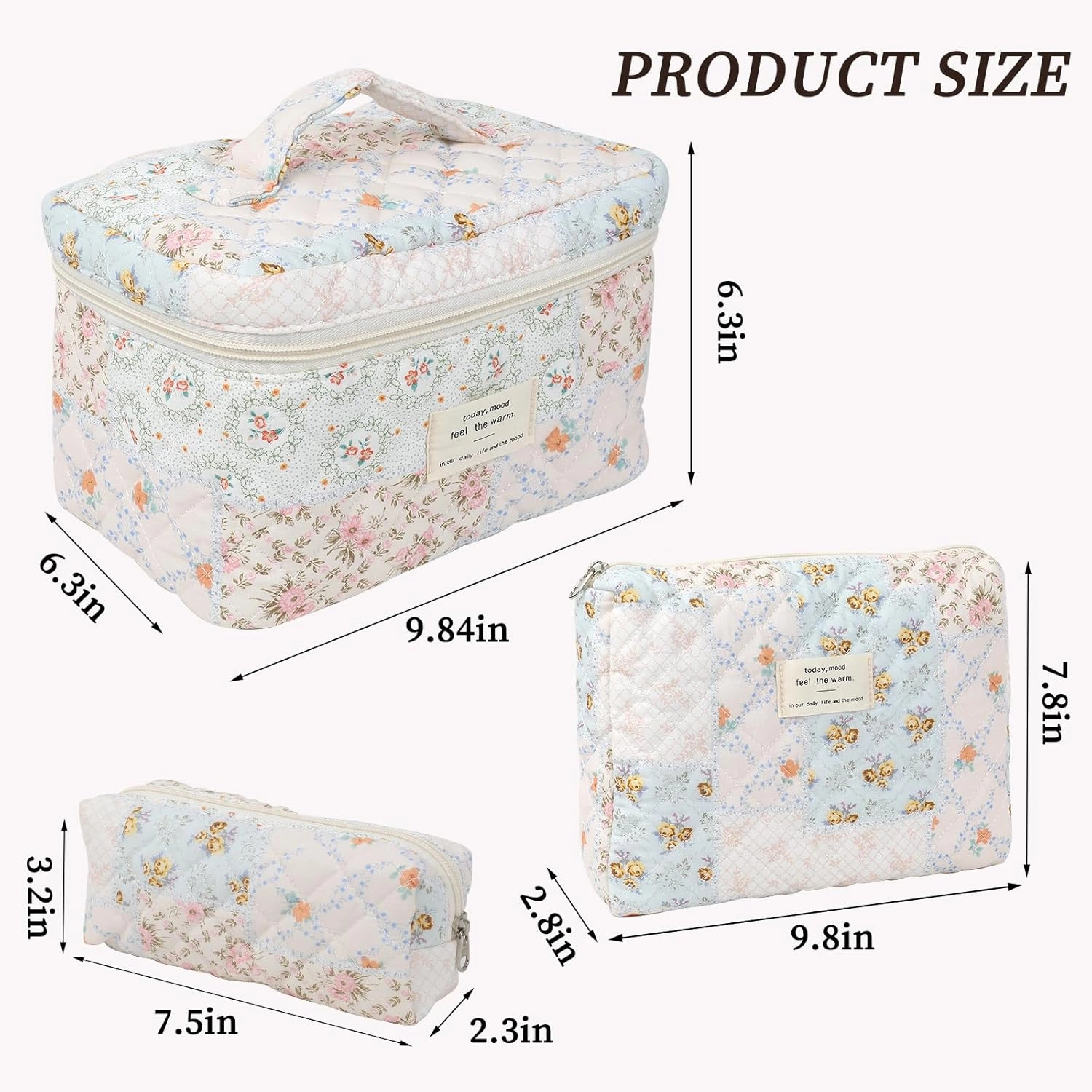 Large Quilted Makeup Bag for Women and Girls, Cute Coquette Floral Cotton Cosmetic Bag, Aesthetic Travel Organized Toiletry Bags (04-pink blue flower)