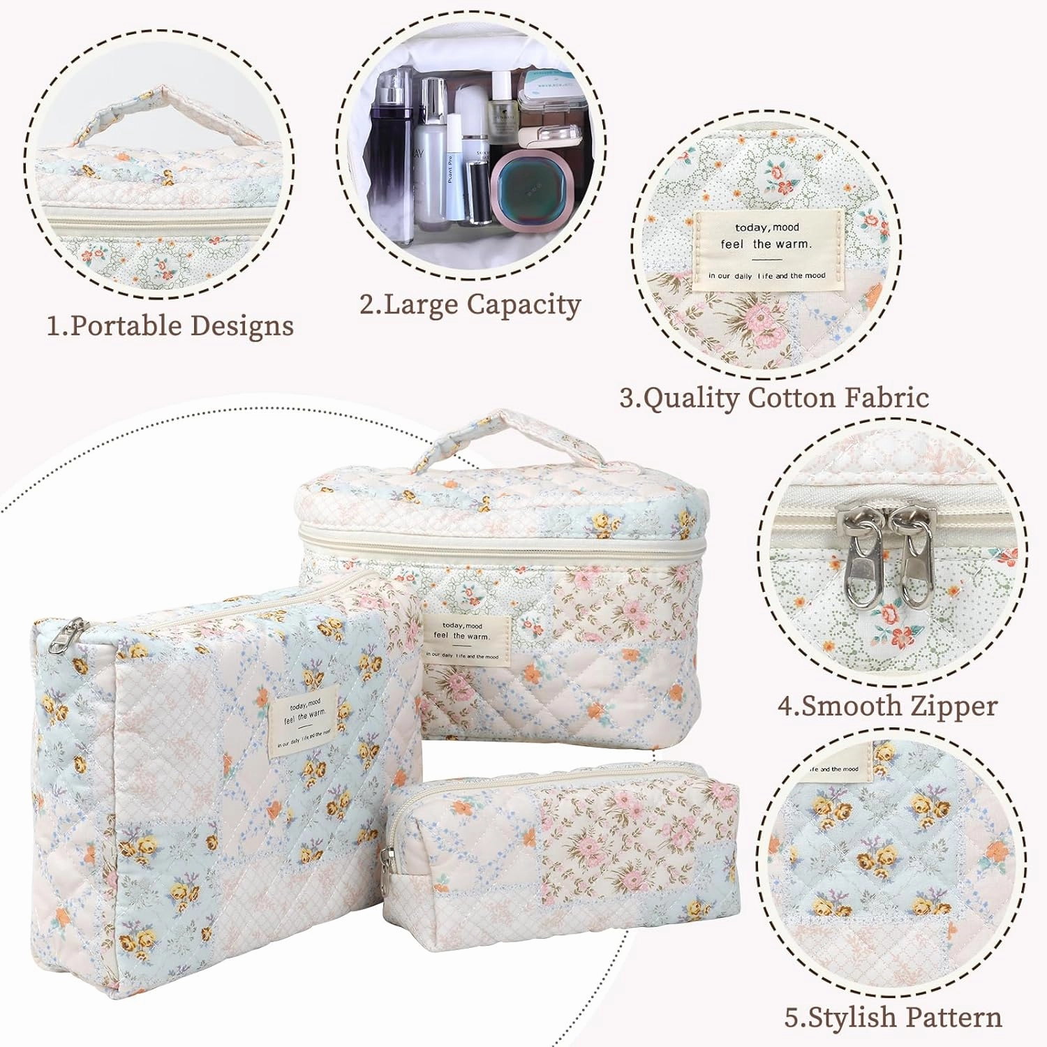 Large Quilted Makeup Bag for Women and Girls, Cute Coquette Floral Cotton Cosmetic Bag, Aesthetic Travel Organized Toiletry Bags (04-pink blue flower)