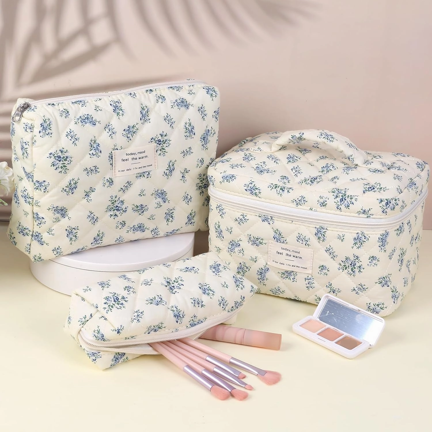 Large Quilted Makeup Bag for Women and Girls, Cute Coquette Floral Cotton Cosmetic Bag, Aesthetic Travel Organized Toiletry Bags (05-blue green flower)