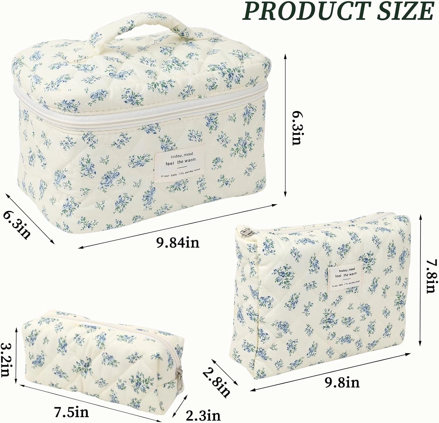 Large Quilted Makeup Bag for Women and Girls, Cute Coquette Floral Cotton Cosmetic Bag, Aesthetic Travel Organized Toiletry Bags (05-blue green flower)